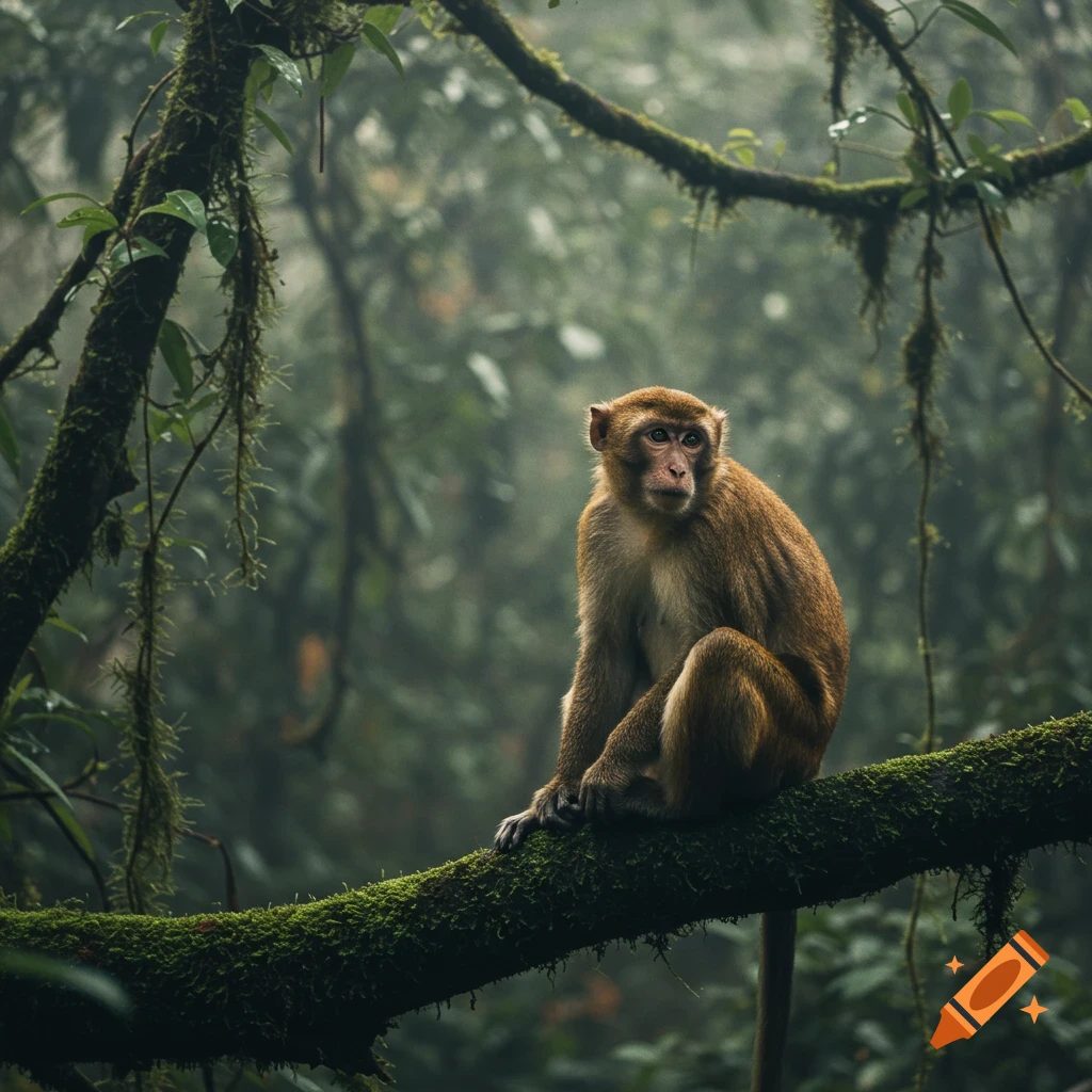A photorealistic monkey sits on a moss-covered branch in a misty, dense jungle, looking away from the camera.