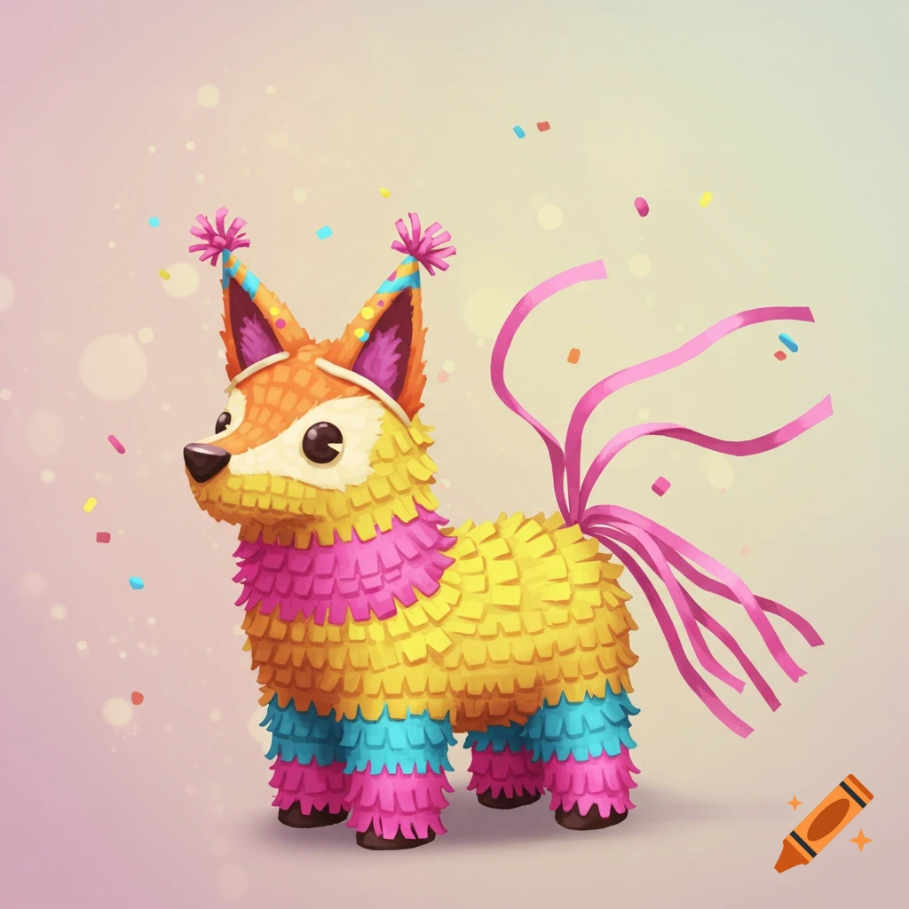 A colorful, cartoon piñata character resembling a fox with yellow, pink, and blue frills, wearing party hat ears, and having pink ribbon tails, surrounded by confetti.