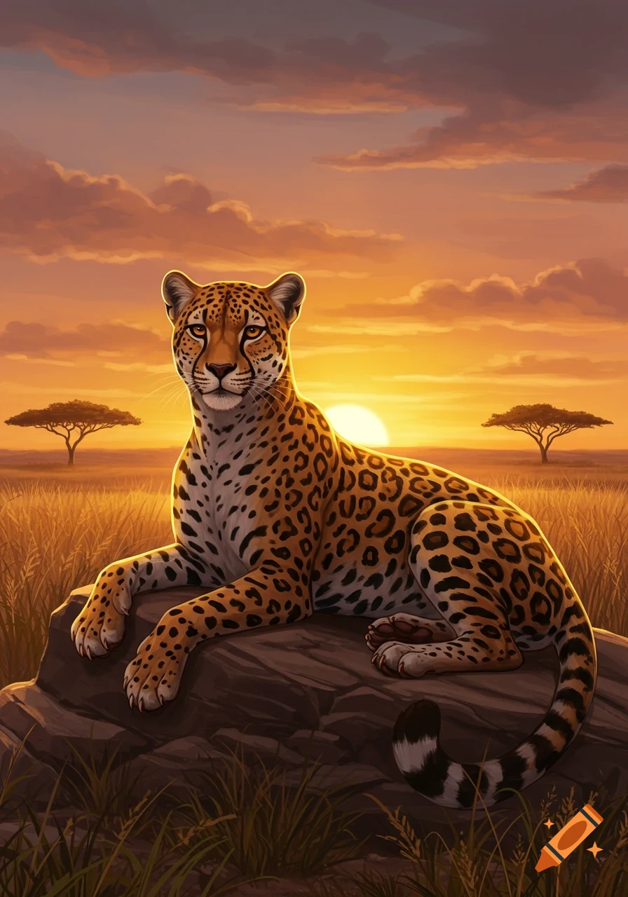 An illustrated leopard-like big cat lies on a rock in a savanna at sunset, with acacia trees in the background.