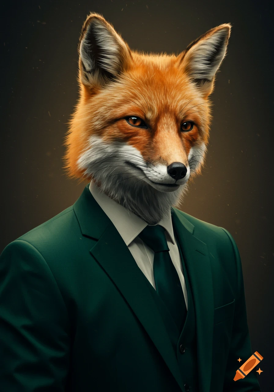 Bust portrait of a realistic anthropomorphic fox with orange fur, wearing a dark green business suit and tie.