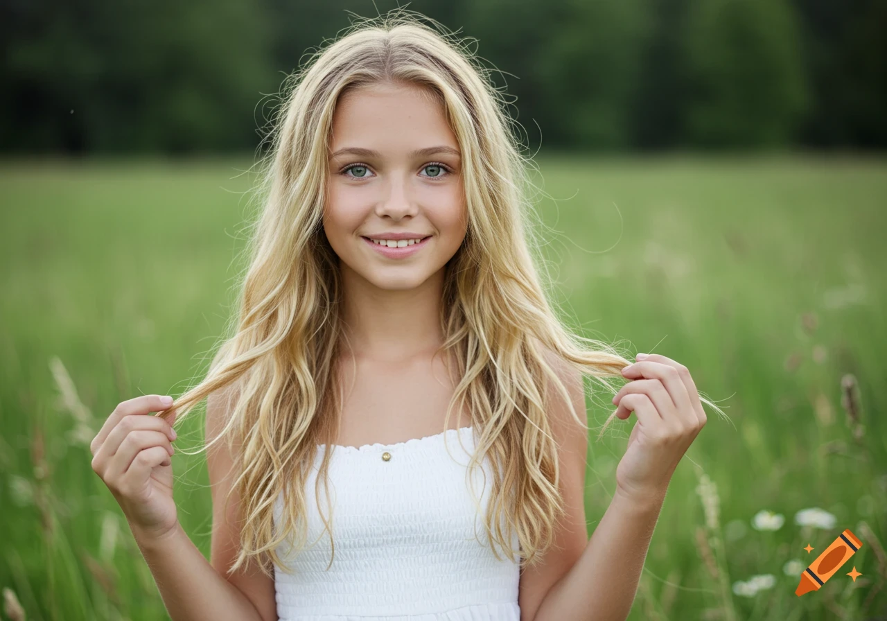 Smiling young blonde girl with wavy hair in a white top, standing in a green field, looking at the camera.