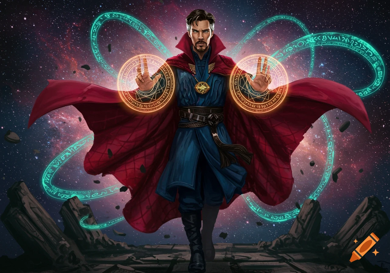Doctor Strange in his blue tunic and red cloak casts glowing orange and green spells against a starry cosmic background.