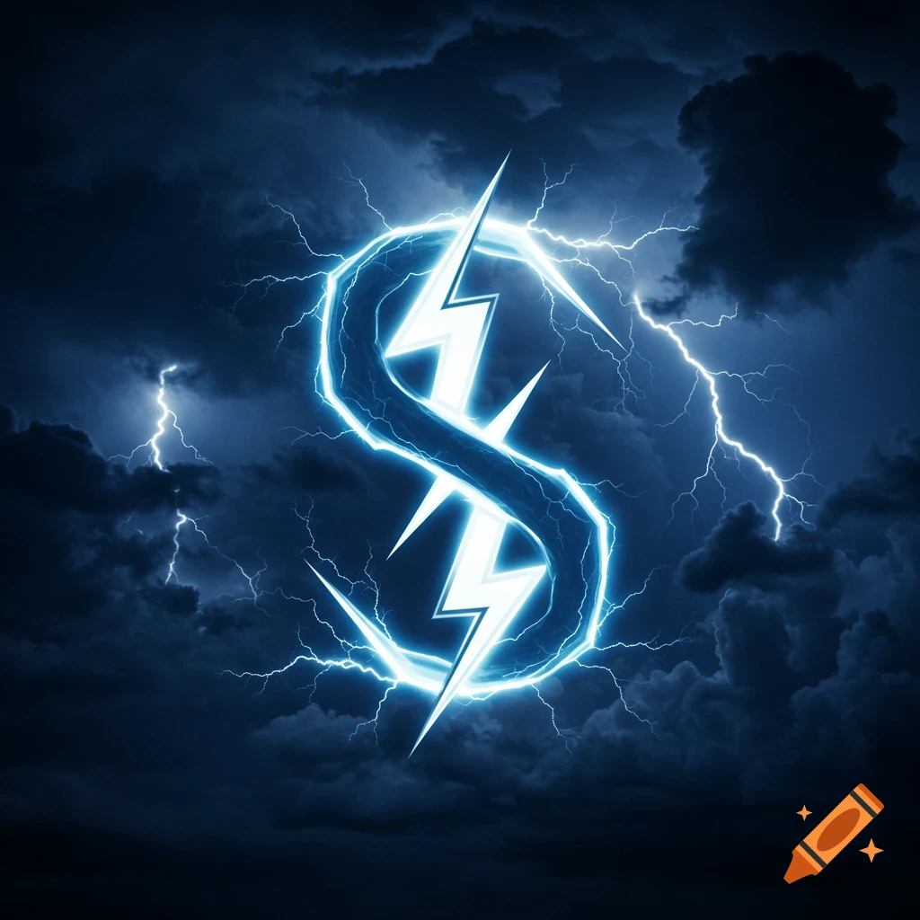 A glowing blue lightning bolt shaped like the letter 'S' against a dark, stormy sky with other lightning flashes.