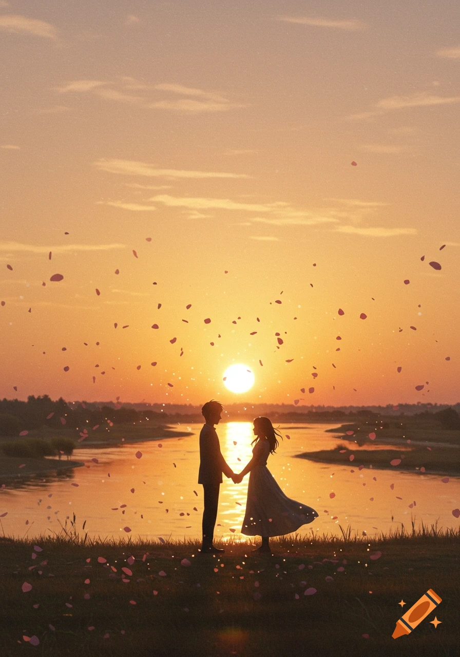 Digital art of a couple holding hands by a river at sunset with petals falling around them.