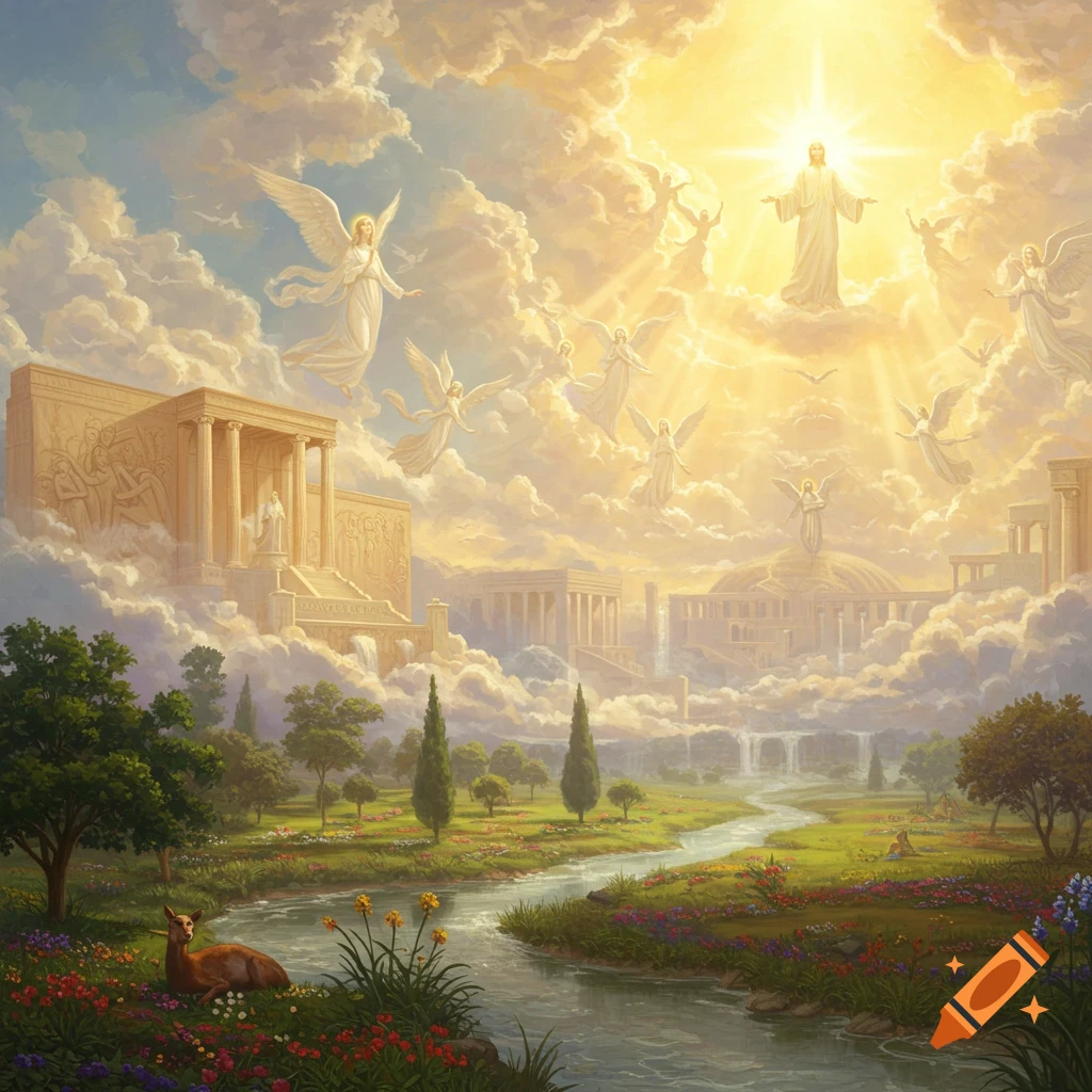 A majestic heavenly landscape with a divine figure and angels floating amidst radiant clouds and classical temples, above a lush valley with a river and deer.