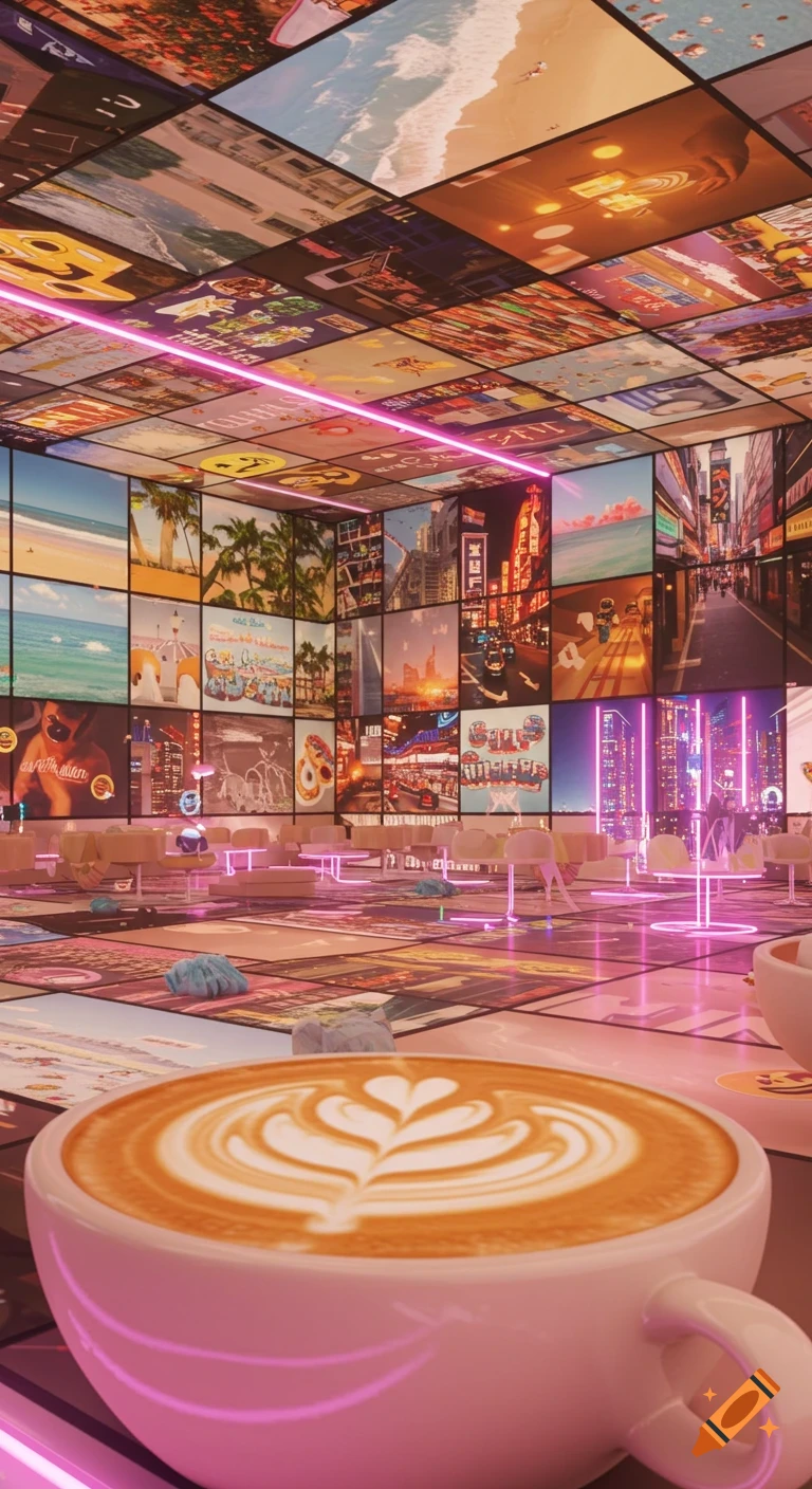 A stylized cafe or lounge with a coffee cup in the foreground. Walls, ceiling, and floor are covered in screens displaying various small images like Instagram reels, some with neon pink lighting.
