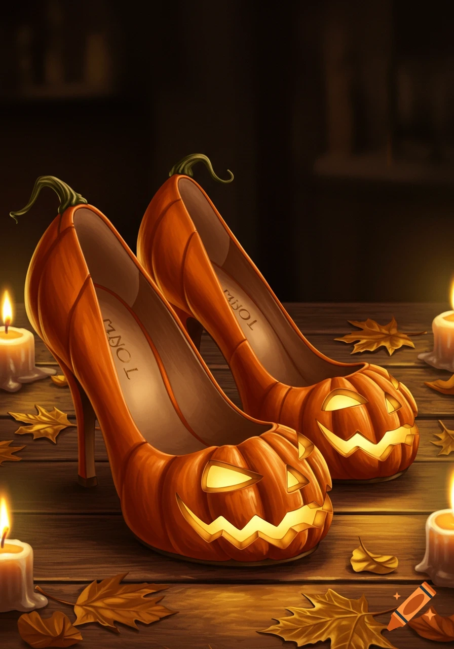 A pair of orange high heel pumps designed like jack-o'-lanterns, surrounded by autumn leaves and lit candles on a wooden table.