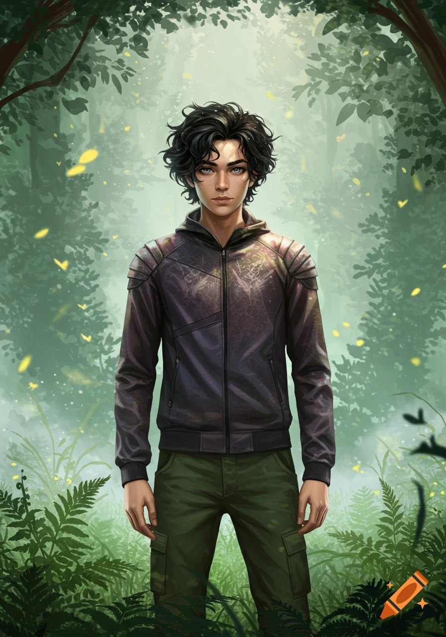 Digital illustration of a teen boy with black wavy hair and grey eyes in a dark jacket and green pants, standing in a vibrant forest.