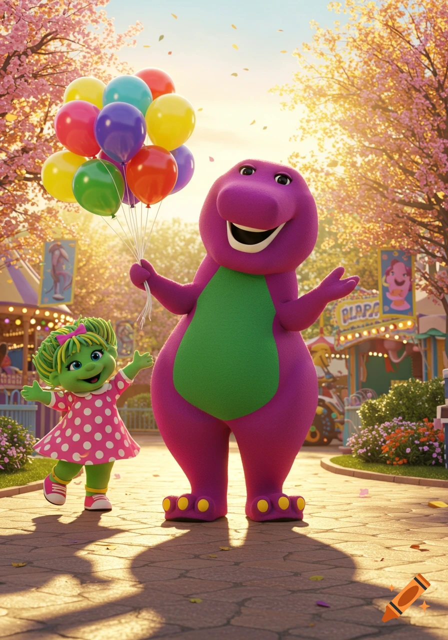 Barney the purple dinosaur and a small green character hold colorful balloons in a vibrant park with cherry blossoms, 3D animated style.