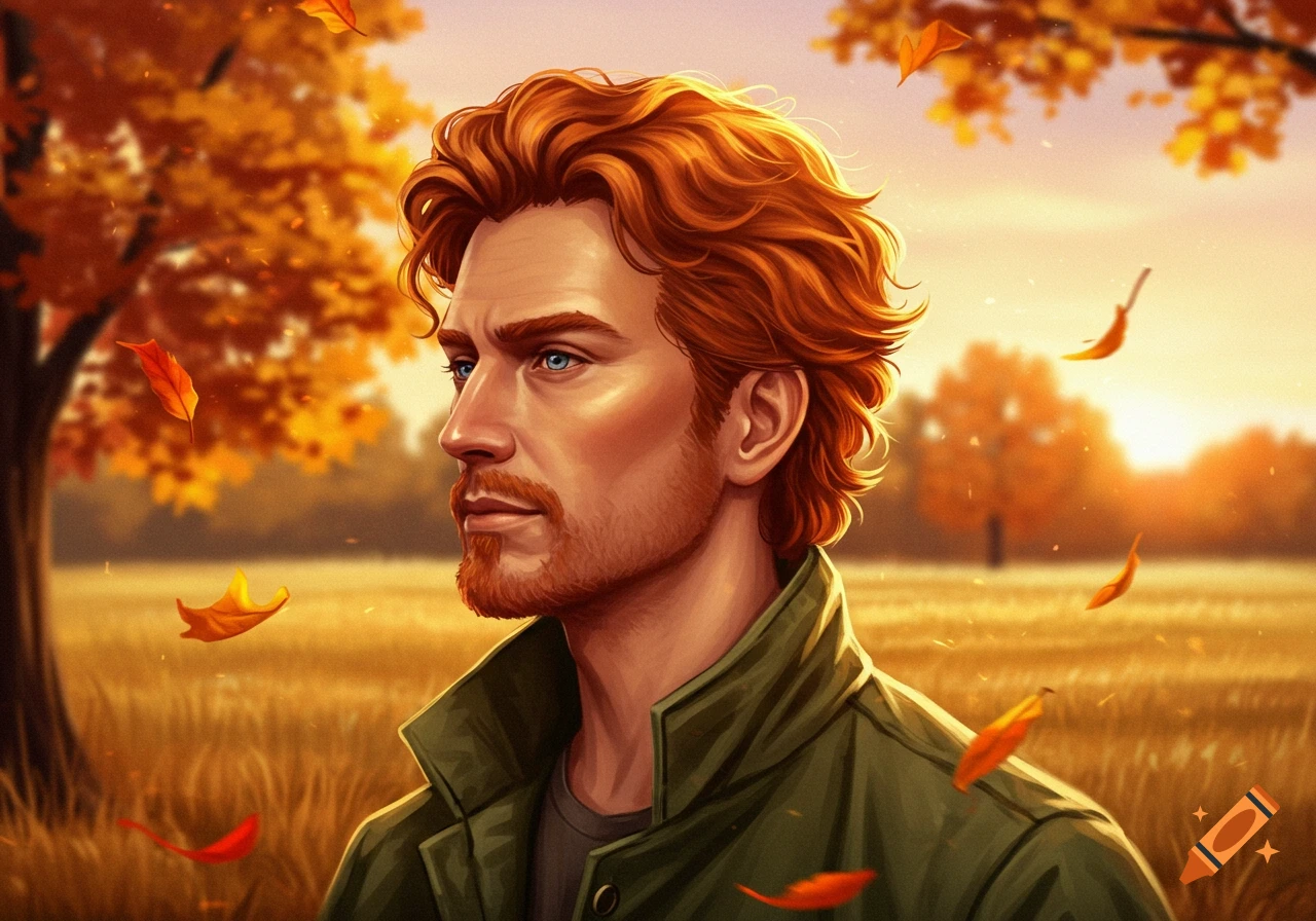 Digital illustration of a red-haired man with blue eyes in an autumn landscape at sunset, with falling orange leaves.
