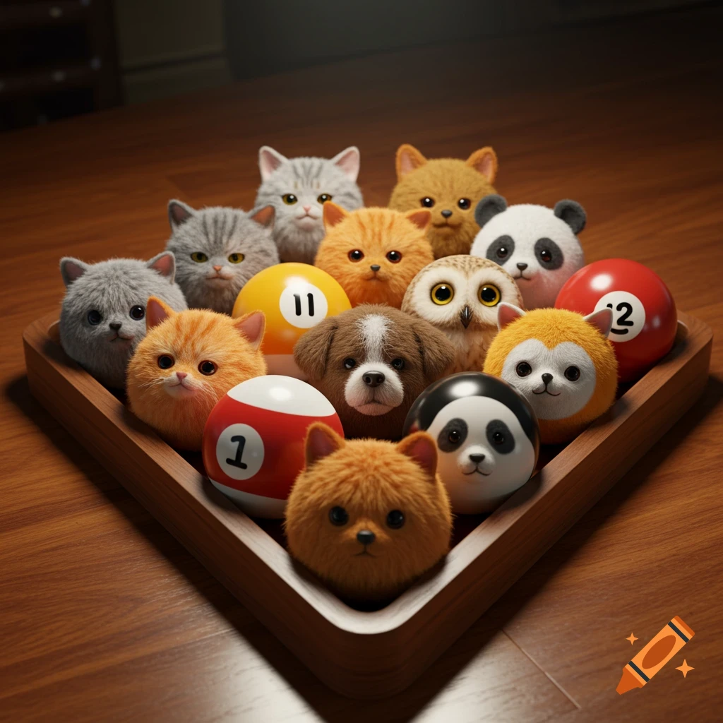 A pool rack filled with fluffy animal faces, including cats, a dog, a panda, and an owl, on billiard balls with numbers.