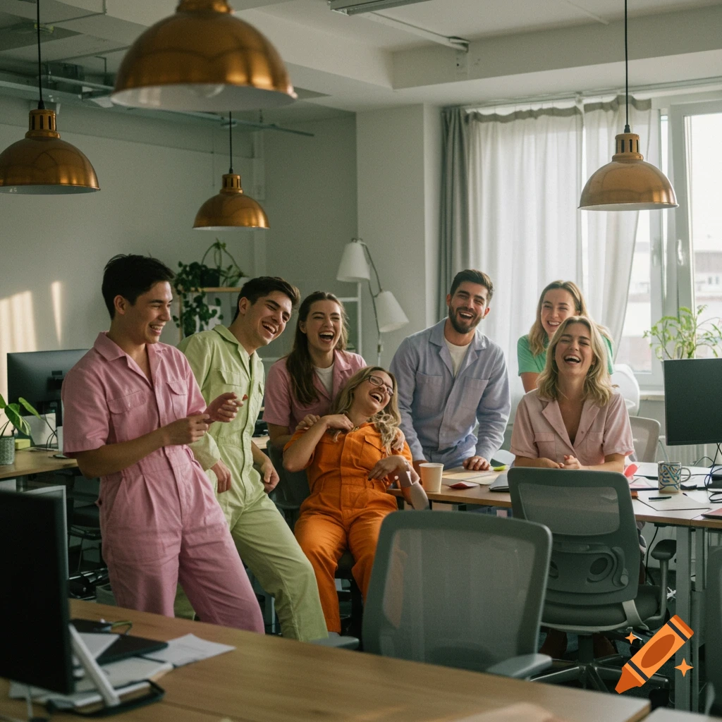 A group of diverse young adults in colorful rompers laughing heartily in a bright, modern office setting.