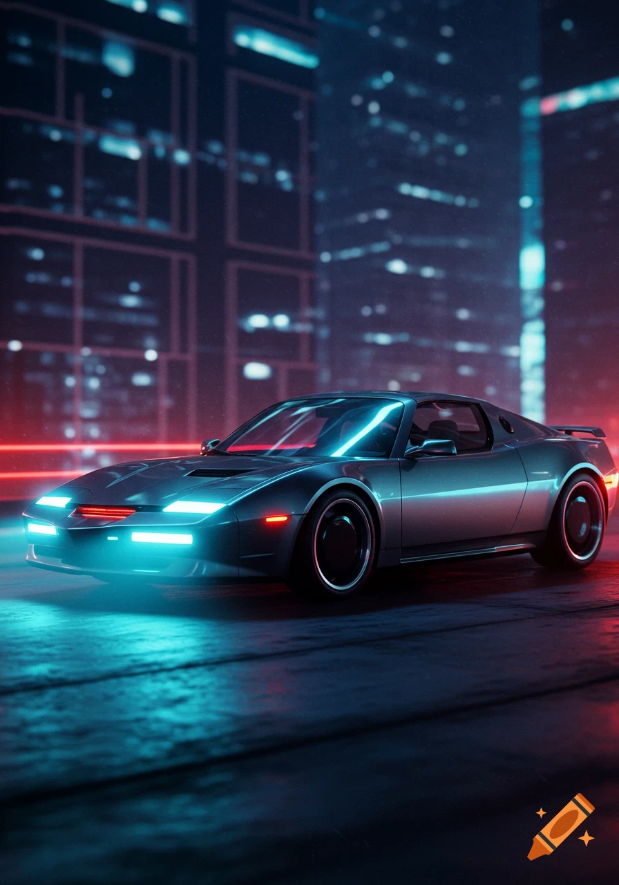 A sleek, dark futuristic car with glowing blue headlights and red accents on a wet street, set against a blurred neon-lit city skyline at night.