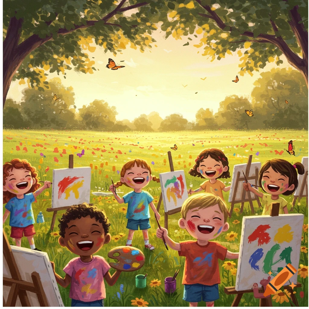 Joyful children painting outdoors in a vibrant, sunlit field filled with wildflowers, with trees overhead, in an illustrated style.