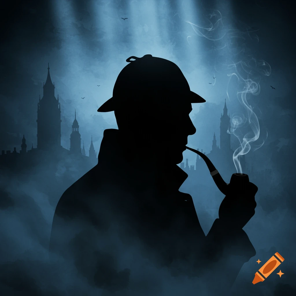 Stylized illustration of a Sherlock Holmes silhouette in a deerstalker hat, smoking a pipe against a misty city backdrop.