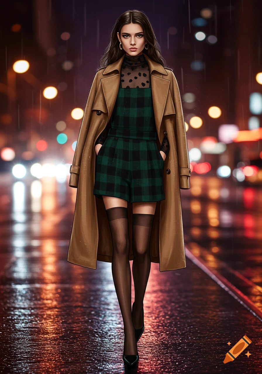 Woman in brown trench coat, green plaid romper, sheer black stockings, and heels on a wet city street at night. Digital art.