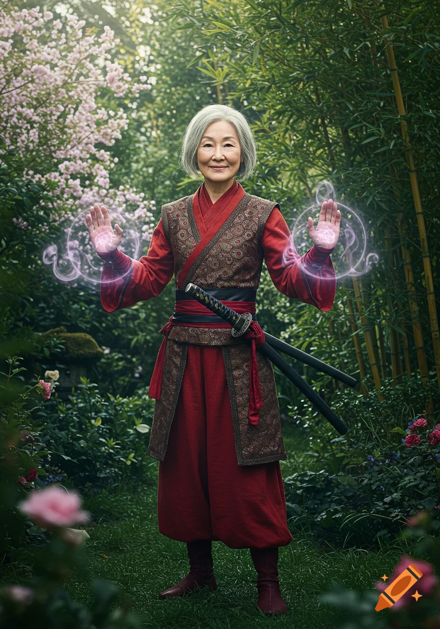Photorealistic image of an elderly Asian woman in a red and gold martial arts outfit with glowing magical hands, standing in a lush garden.