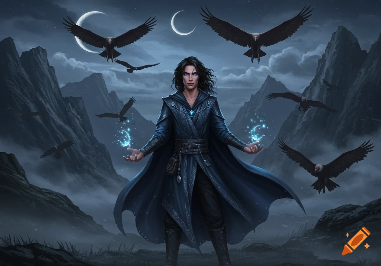 A dark-haired male mage in a flowing robe casts blue magic, surrounded by flying vultures and mountains under two crescent moons.