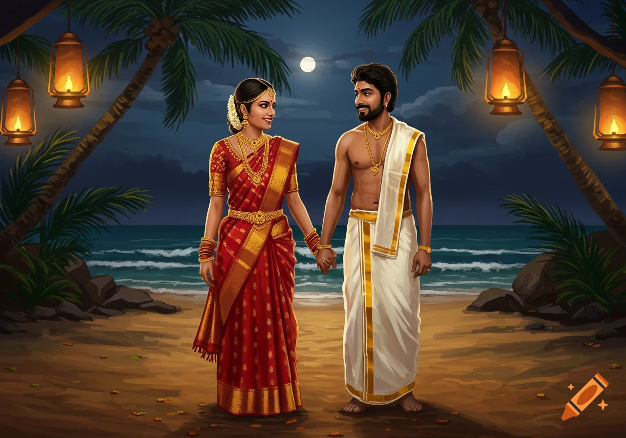 A traditionally dressed Tamil couple holds hands on a moonlit beach with palm trees and lanterns.