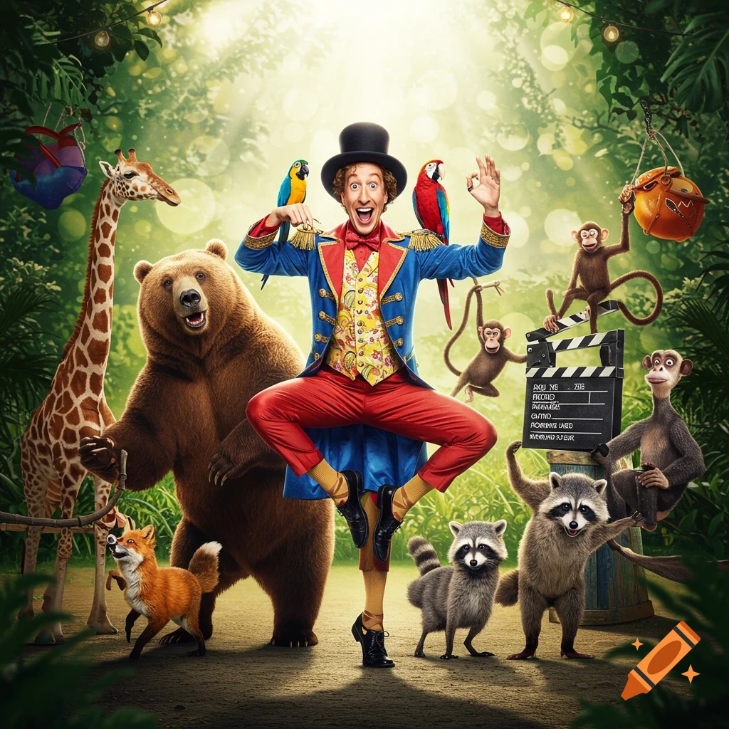 A man in a ringmaster outfit with a top hat is surrounded by a bear, giraffe, fox, raccoons, monkeys, and parrots in a vibrant jungle scene.
