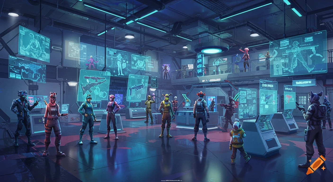 A group of stylized characters resembling Fortnite skins in a futuristic, neon-lit sci-fi control room with holographic screens.