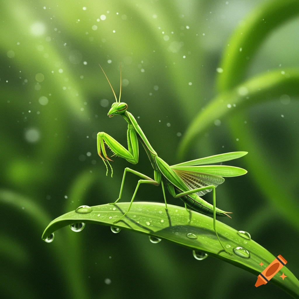 A vibrant green praying mantis perched on a dewy leaf with a soft green background.