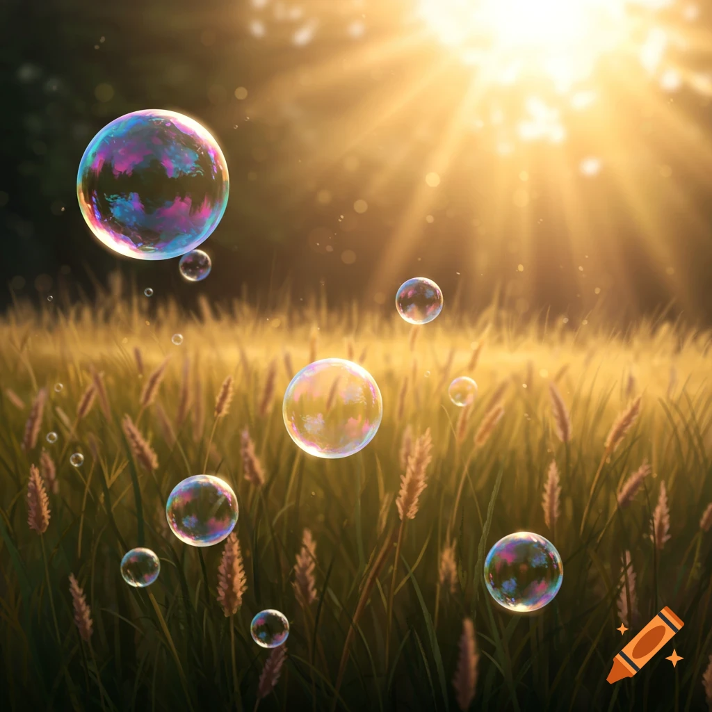 Colorful soap bubbles float above a golden, sunlit field of tall grass under bright rays of light.