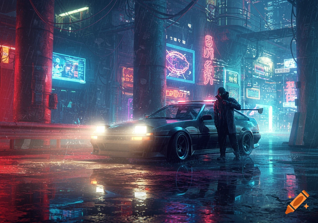A person in a hooded cloak stands by a black sports car on a wet street, illuminated by neon lights in a rainy cyberpunk city.