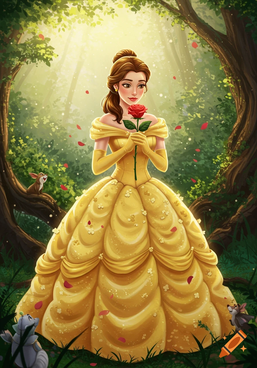 Belle in a yellow gown holding a red rose in a sun-dappled enchanted forest with small animals, illustration.