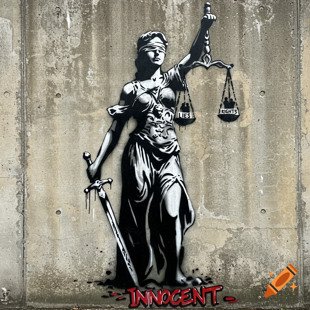 Black-and-white stencil of Lady Justice on a concrete wall. She holds tilted scales with 'LIES' and 'RIGHTS', a cracked sword, and 'INNOCENT' spray-painted below.