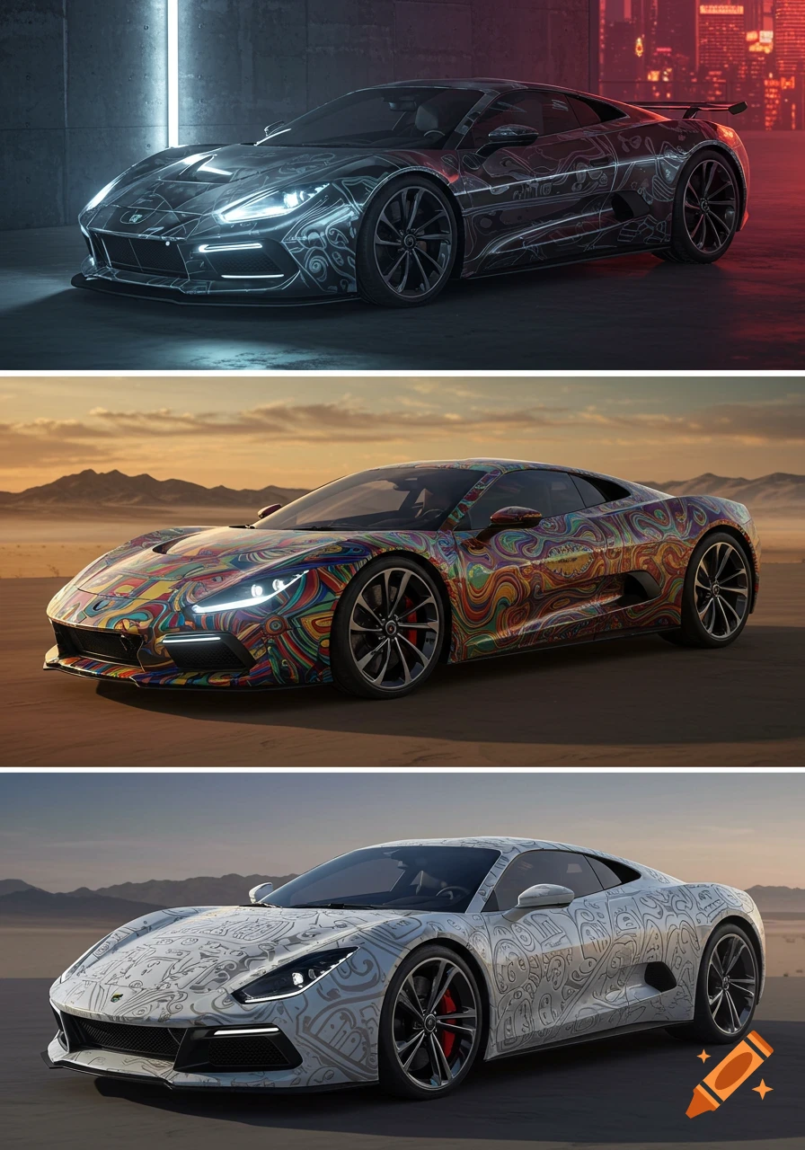 Three artistic supercars: a dark one with luminous patterns, a colorful psychedelic one in a desert, and a white one with geometric patterns.
