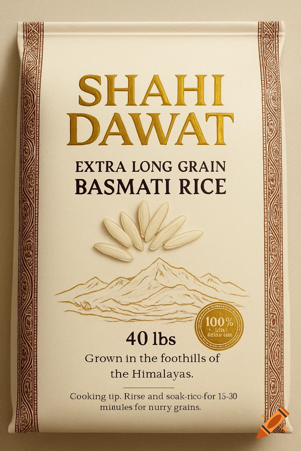 Close-up of a white and gold basmati rice bag with a luxurious traditional Indian design, featuring mountains and rice grains.