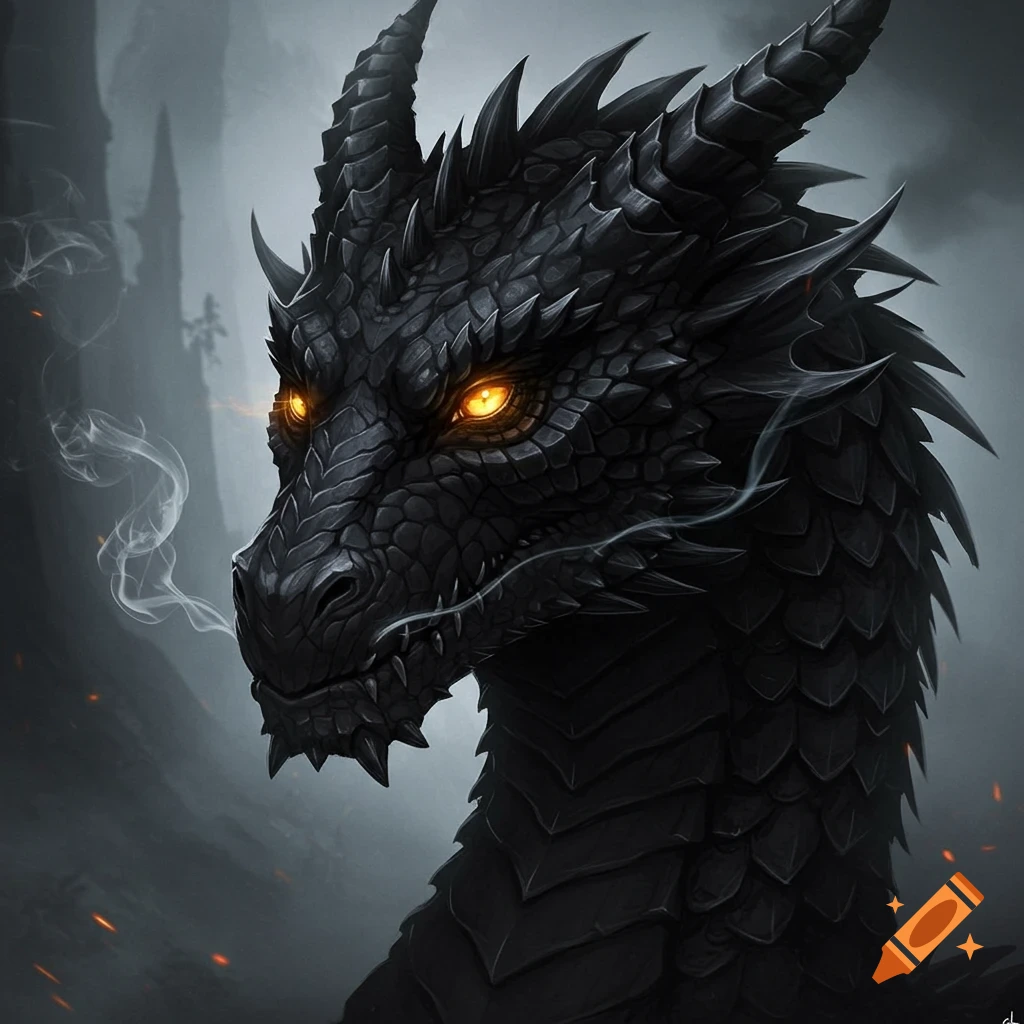 Close-up of a detailed black dragon with glowing orange eyes and smoke, set against a dark, misty background.