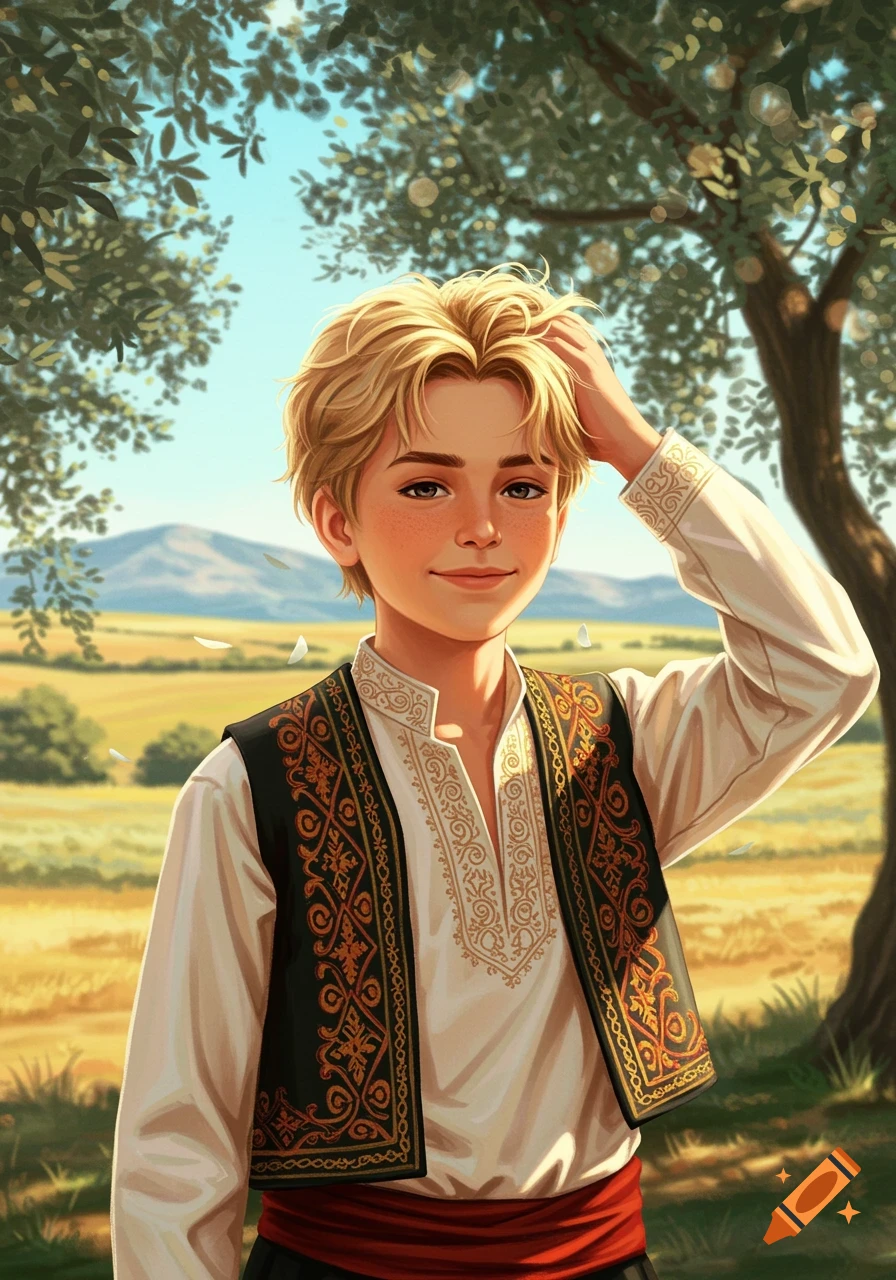 Illustration of a smiling blonde boy with freckles in a traditional embroidered white shirt and ornate black vest, in a sunny field.