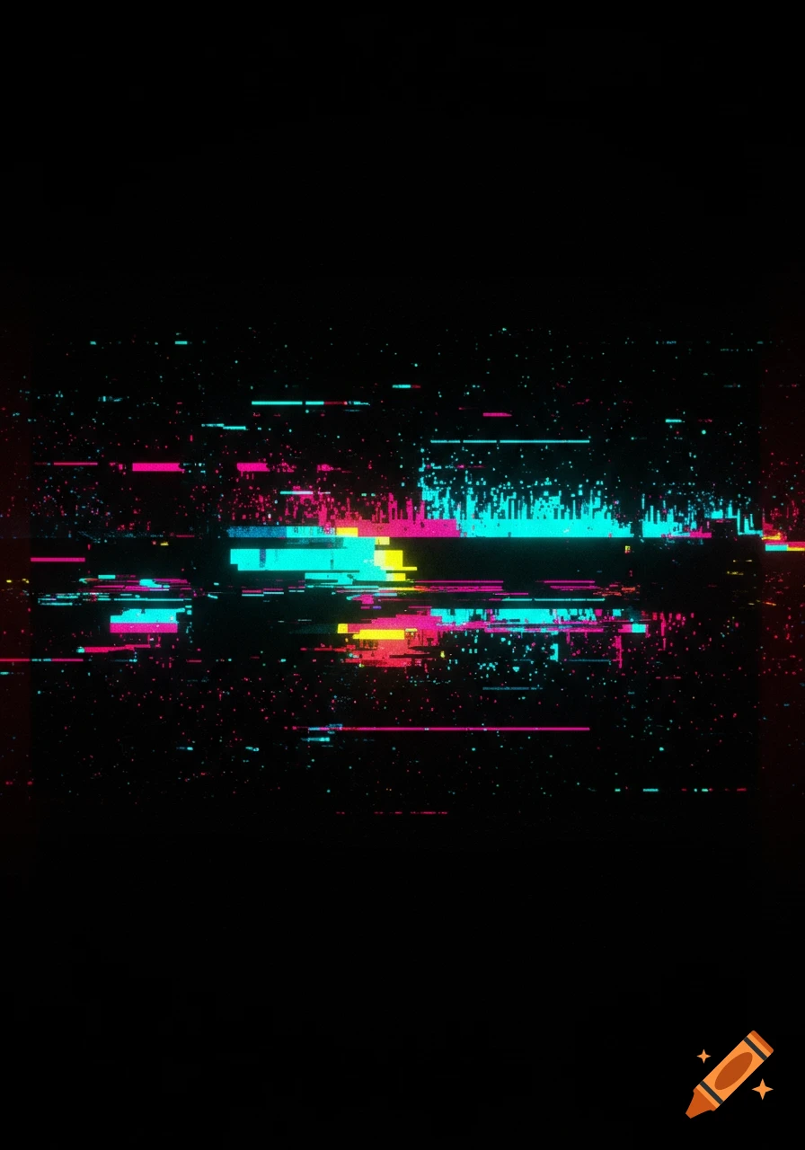 An abstract digital art piece depicting a computer screen glitch with horizontal lines and scattered pixels in neon cyan, magenta, and yellow on a black background.
