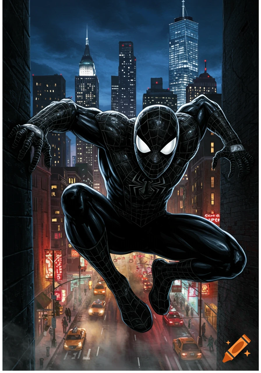 Black-suited Spider-Man crouches on a building, looking down at a bustling city street at night. Comic art style.