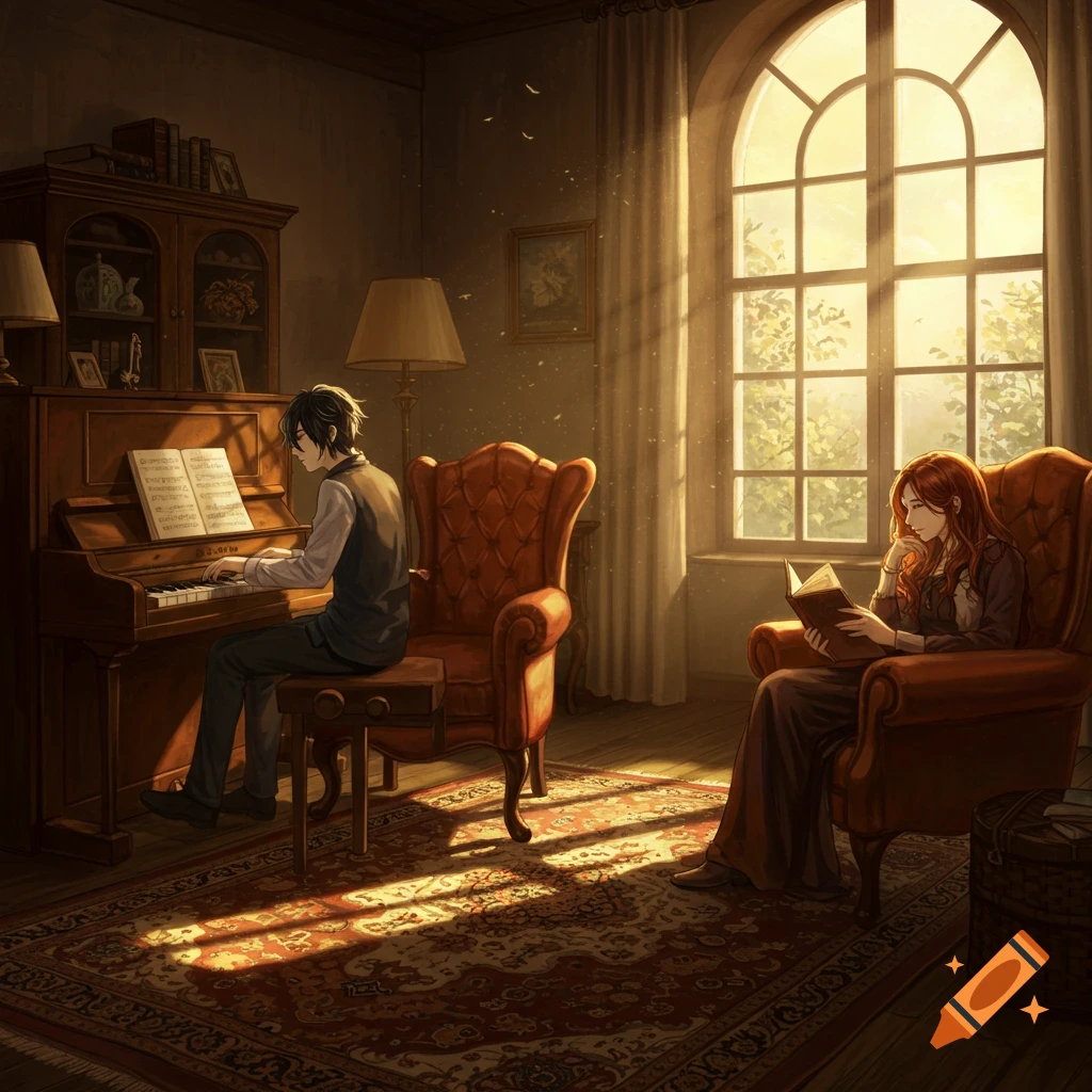 An anime man plays piano in a sunlit room while an anime woman reads in an armchair nearby.