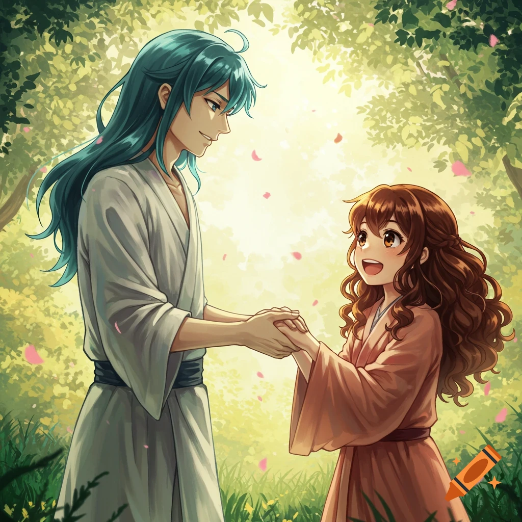Anime art of a man with teal hair holding hands with a smiling girl with brown curly hair in a sunny forest.