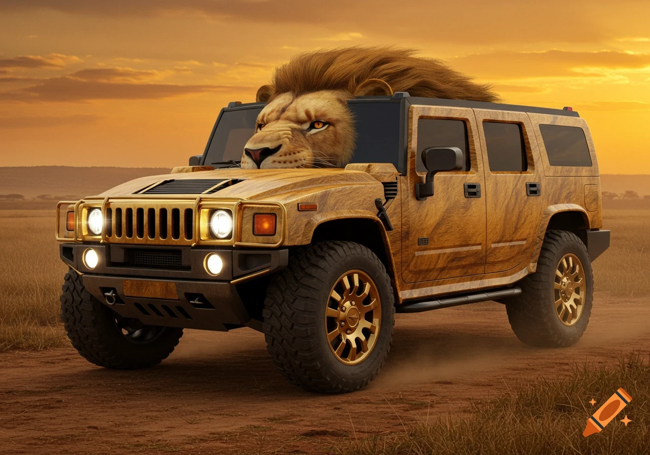 Photorealistic lion-themed Hummer, with a lion's head where the windshield should be, on a dirt road at sunset.