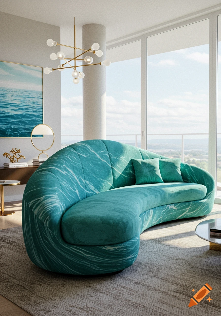 A modern living room with a curved teal sofa featuring a white marble pattern, a Sputnik chandelier, and a large window view.