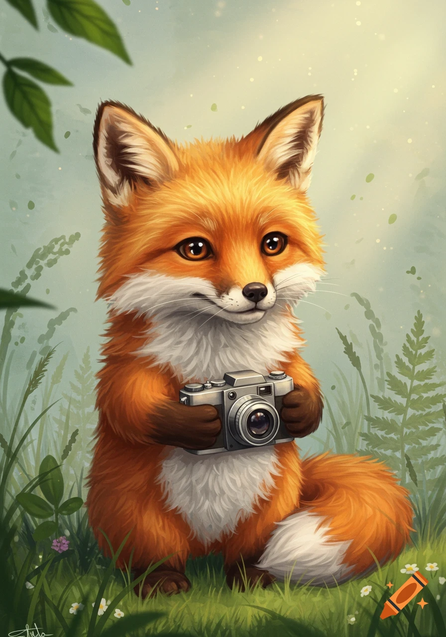 A cute, fluffy orange and white fox illustration sitting in green grass, holding a silver camera.