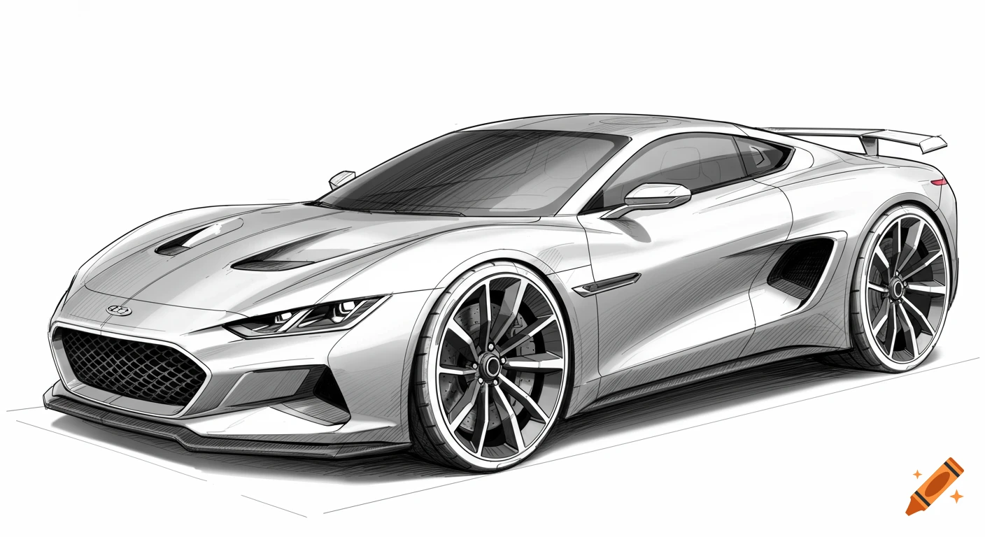 A detailed line sketch of a futuristic white concept sports car from a front-quarter view on a white background.