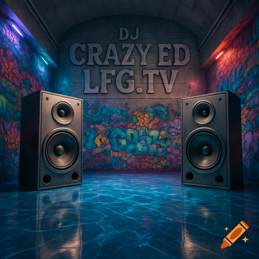 Two large speakers in a graffiti-covered underground room with a reflective blue floor and neon lights, featuring 'DJ CRAZY ED LFG.TV' on the wall.