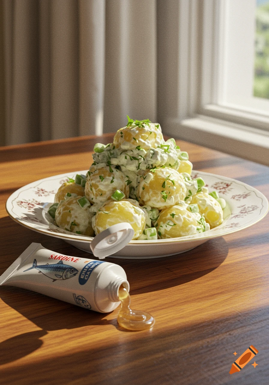 Photorealistic image of potato salad on a plate next to a tube of sardine paste, which has some honey-like liquid oozing from it onto a wooden table.