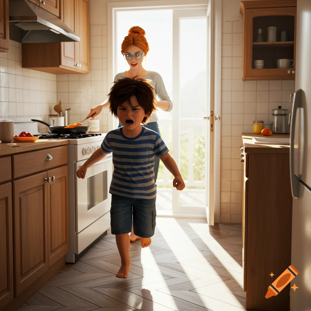 An angry boy in a striped shirt and denim shorts storms through a sunny kitchen while a woman cooks in the background.