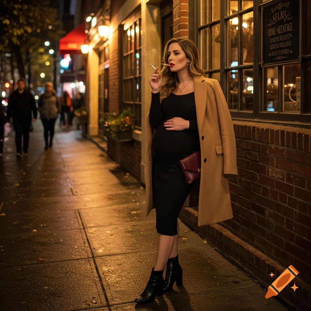 A pregnant woman in a black dress and camel coat smokes a cigarette on a wet city street at night, glowing lights in the background.