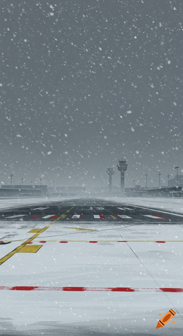 Snowy airport runway and control towers under a gray sky, with falling snow.