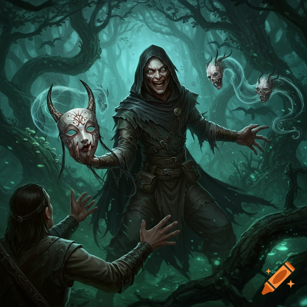 A menacing hooded figure holds a bloody, horned mask towards a person in a dark, eerie fantasy forest scene.