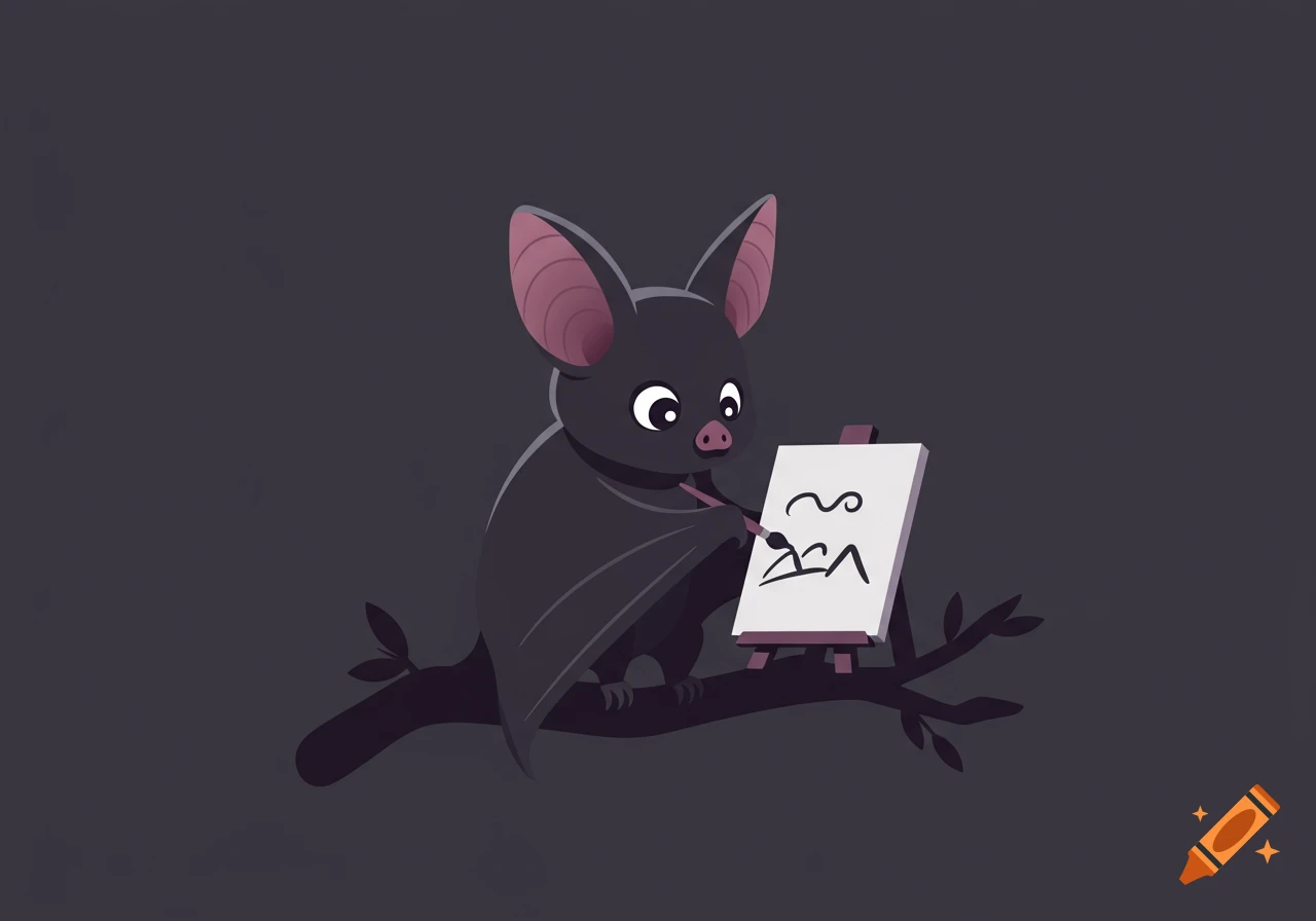 A cute cartoon bat sits on a branch, drawing an abstract picture on a small easel with a brush.