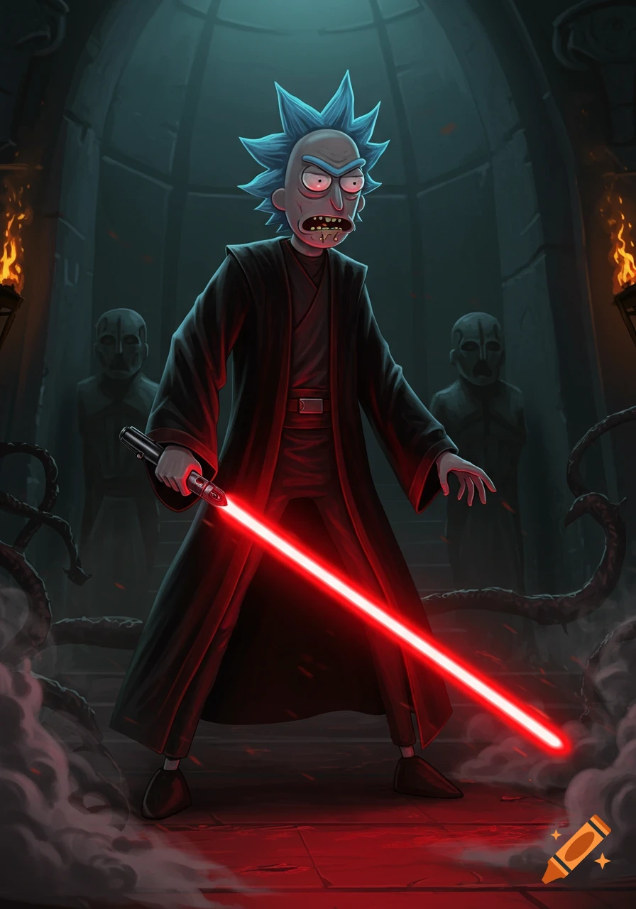 Rick from Rick and Morty as a Sith Lord, holding a red lightsaber in a dark temple setting, stylized fan art.
